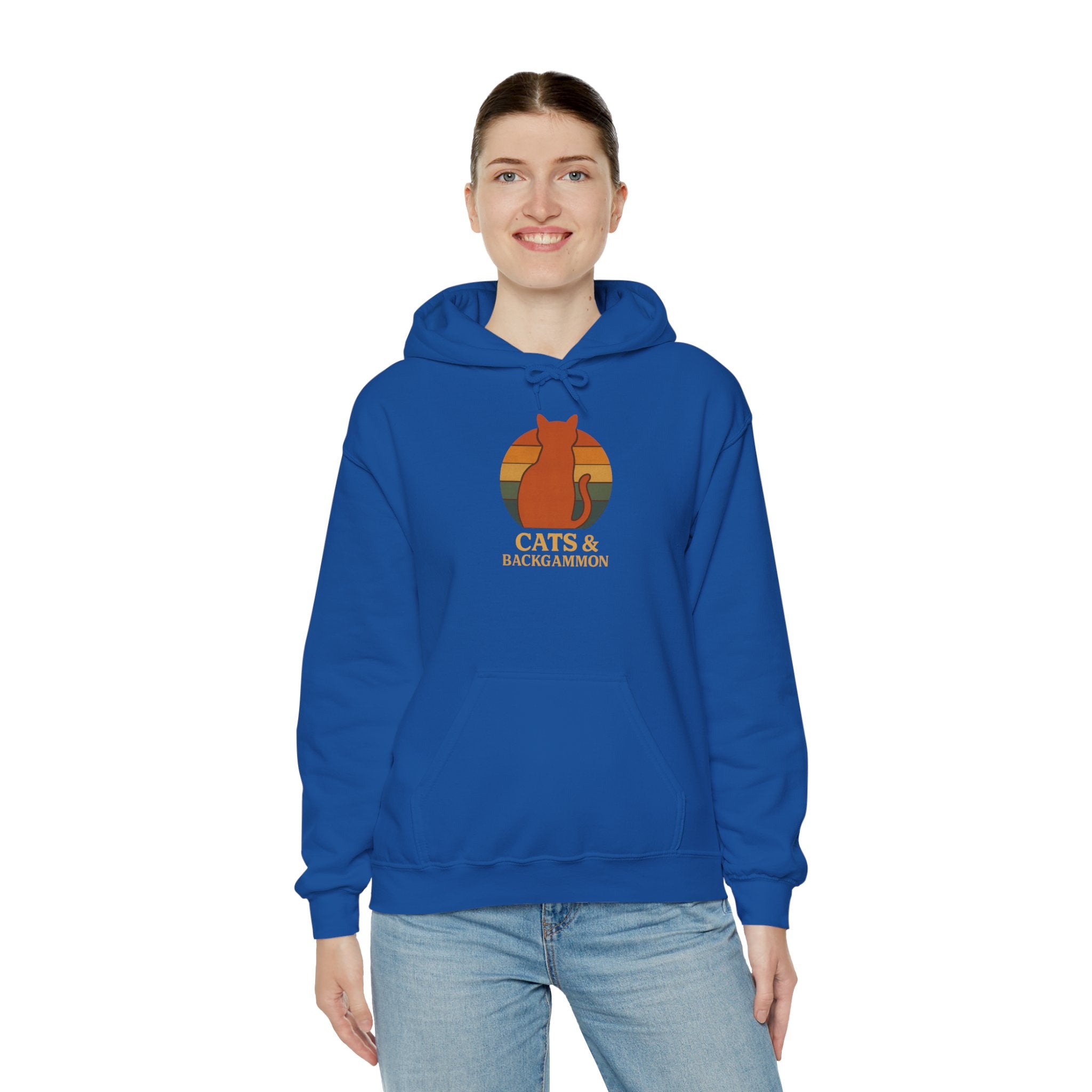 Cats & Backgammon Hoodie — Retro Sunset Cat Game Lover Pullover