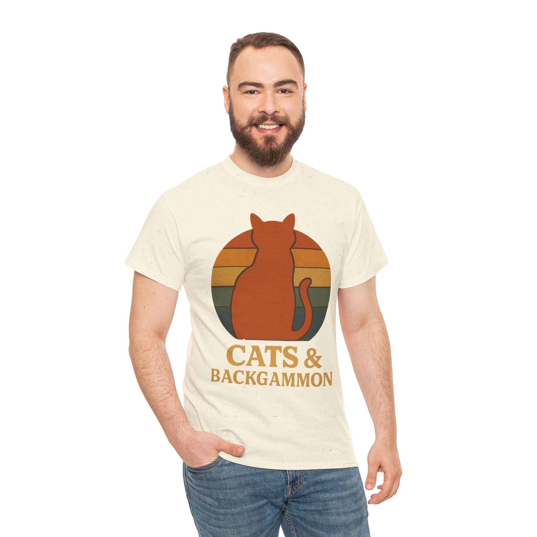Retro Cat Silhouette Cats & Backgammon T-Shirt | Vintage Sunset Cat Tee
