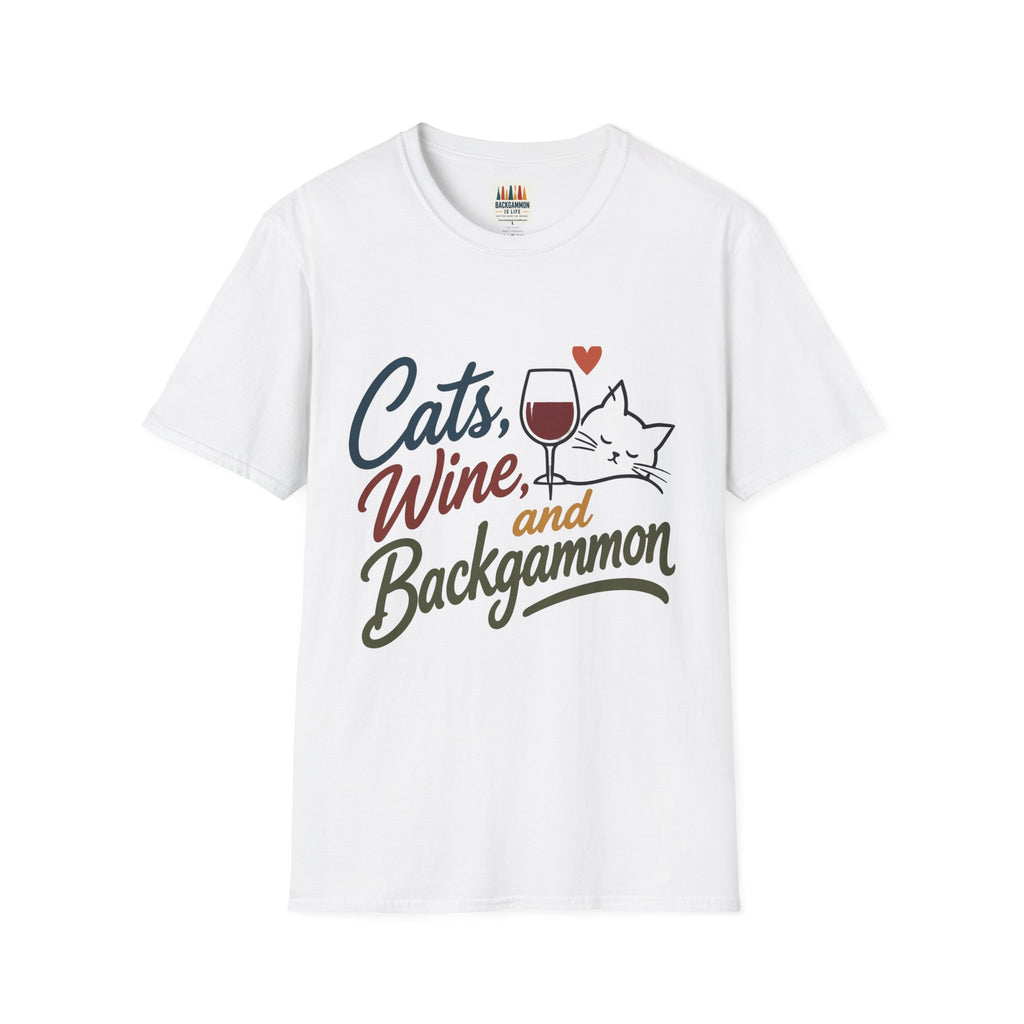 Cats, Wine & Backgammon T-Shirt — Funny Cat Lover Graphic Tee