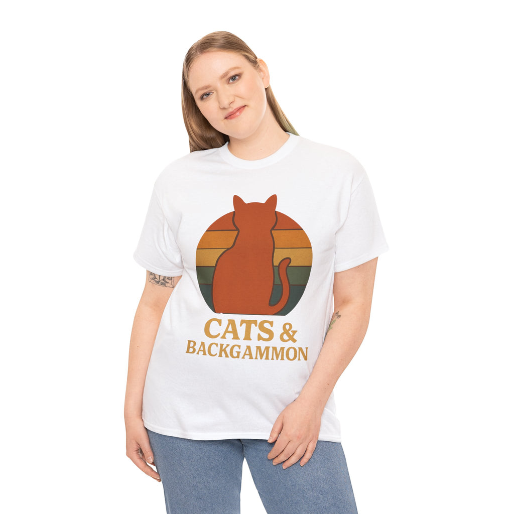 Retro Cat Silhouette Cats & Backgammon T-Shirt | Vintage Sunset Cat Tee
