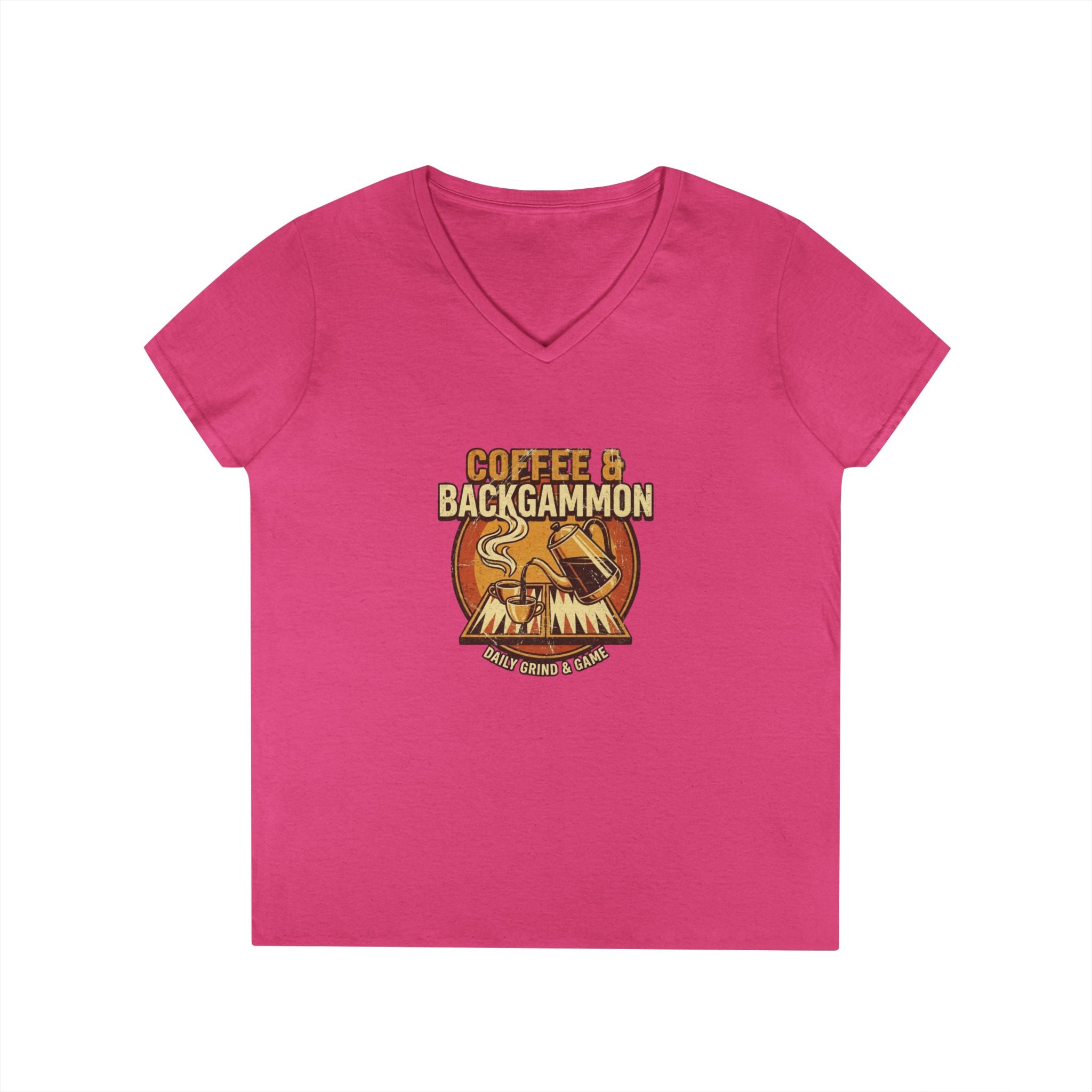 Coffee & Backgammon Ladies' V-Neck T-Shirt — Women's Casual Game Night Shirt