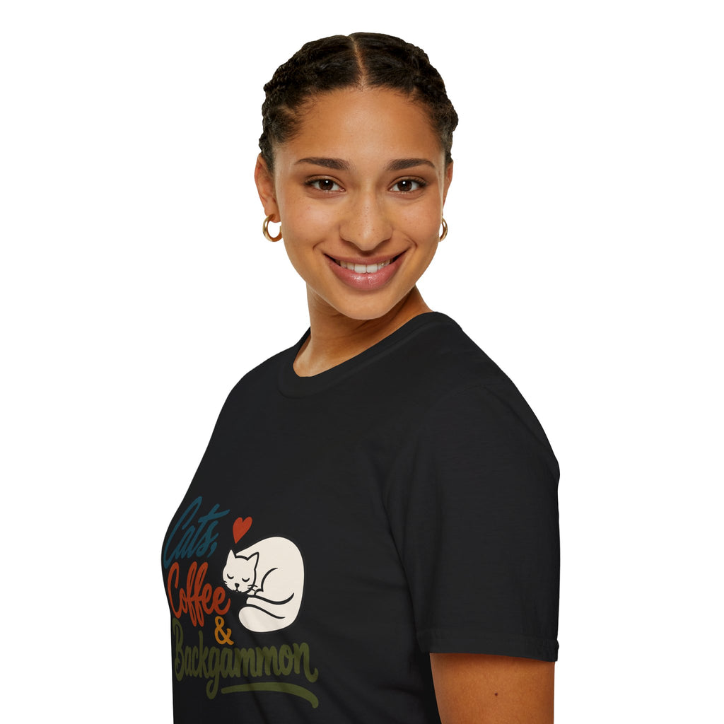 Cats, Coffee & Backgammon 2 T-Shirt — Retro Cat Lover Tee