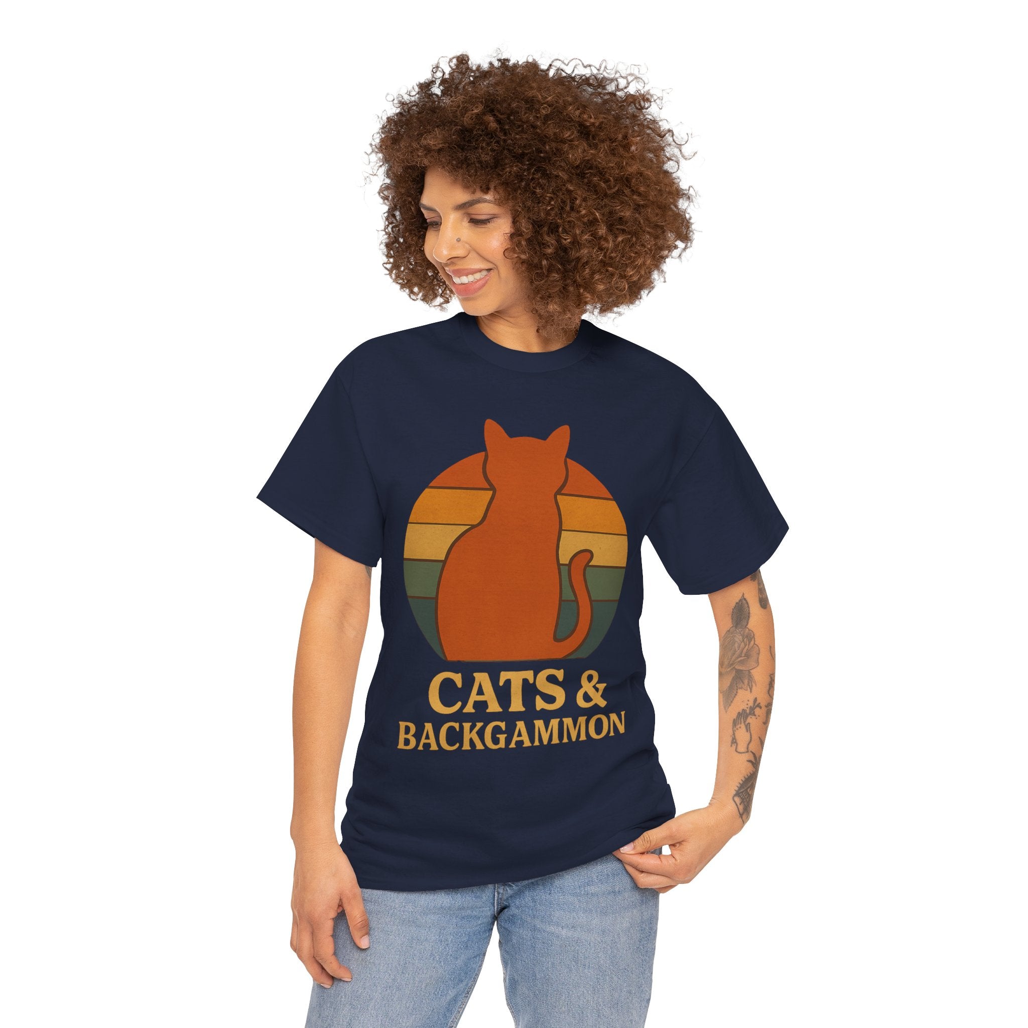 Retro Cat Silhouette Cats & Backgammon T-Shirt | Vintage Sunset Cat Tee
