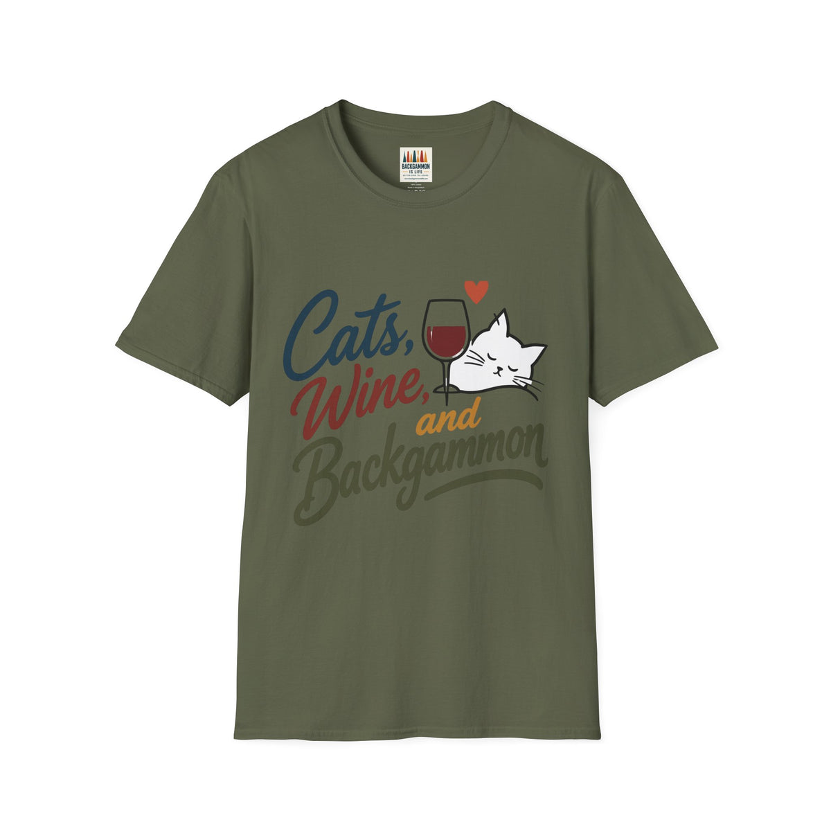 Cats, Wine & Backgammon T-Shirt — Funny Cat Lover Graphic Tee