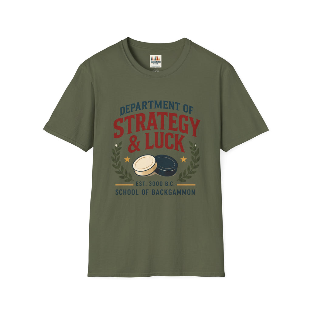 Backgammon T-Shirt — "Department of Strategy & Luck" Vintage Game Tee