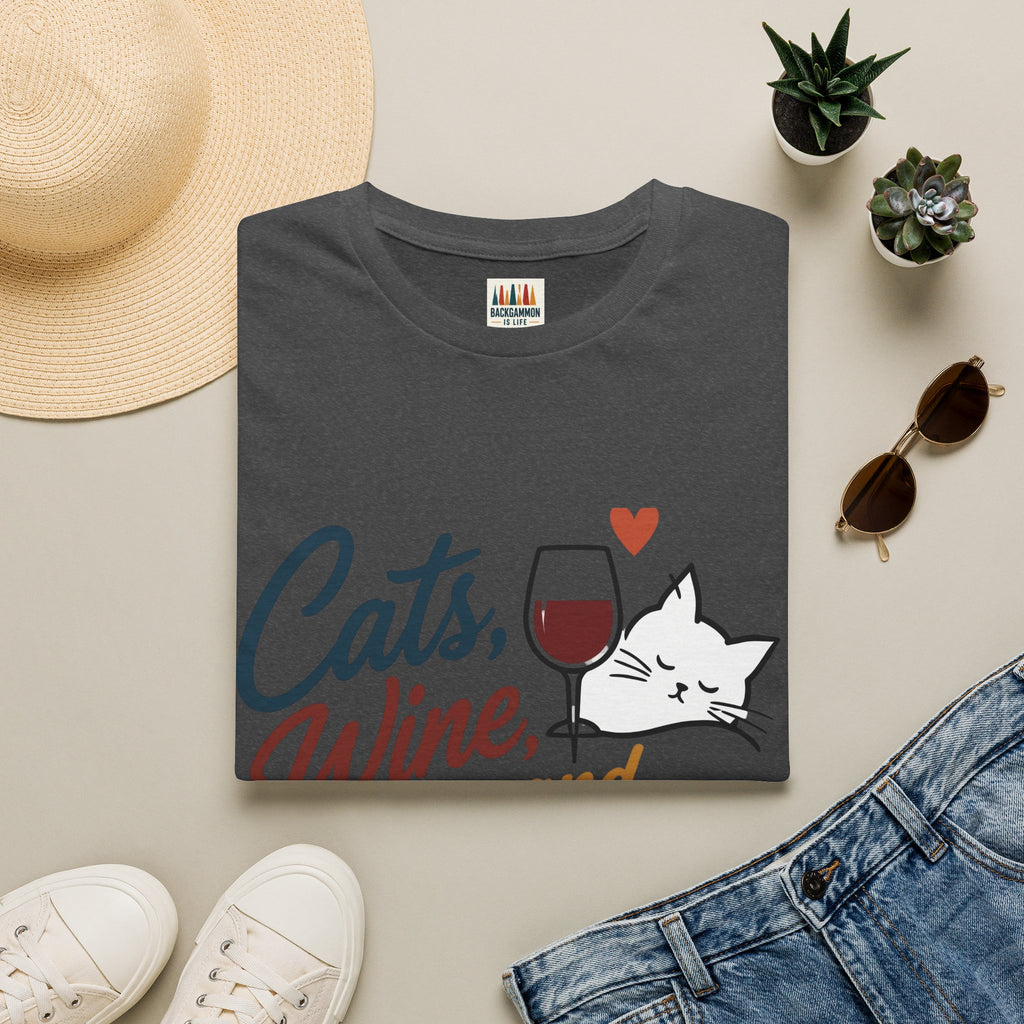 Cats, Wine & Backgammon T-Shirt — Funny Cat Lover Graphic Tee