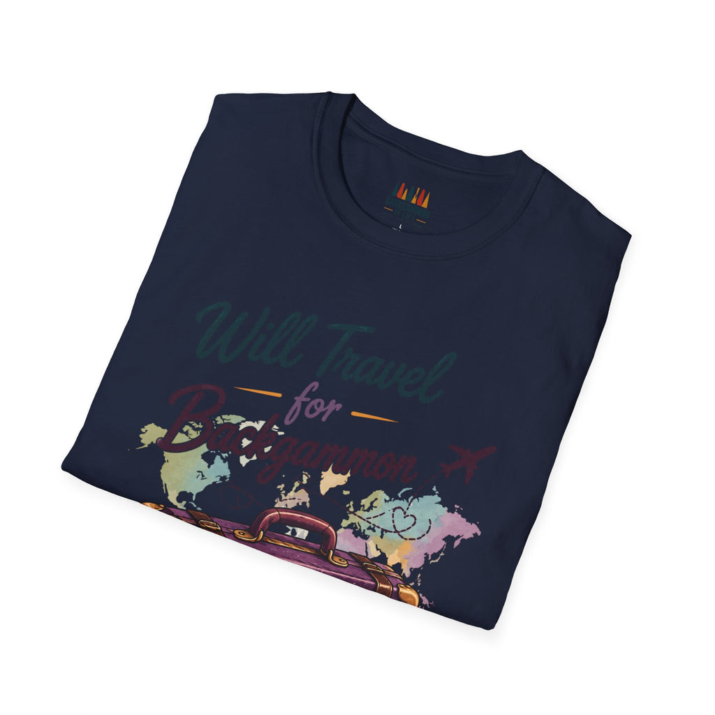 Backgammon Travel T-Shirt — "Will Travel for Backgammon" Vintage Suitcase Design