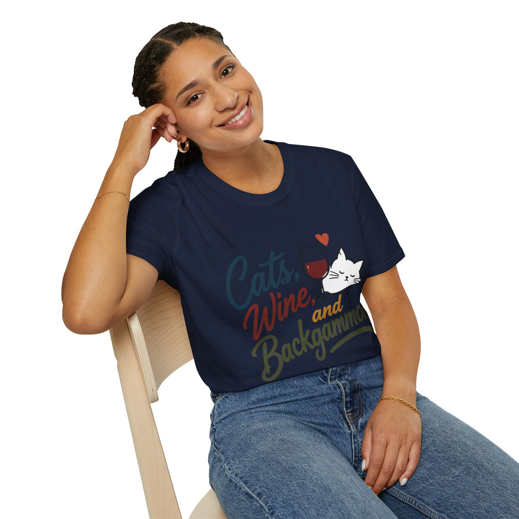 Cats, Wine & Backgammon T-Shirt — Funny Cat Lover Graphic Tee