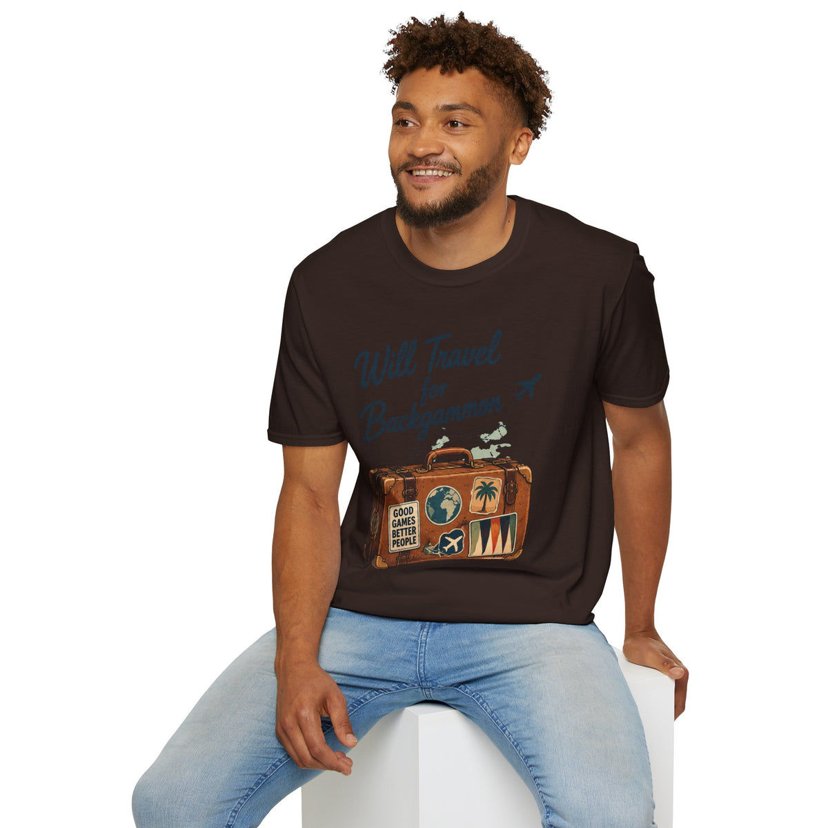 Backgammon Travel T-Shirt — "Will Travel for Backgammon" Vintage Suitcase Design