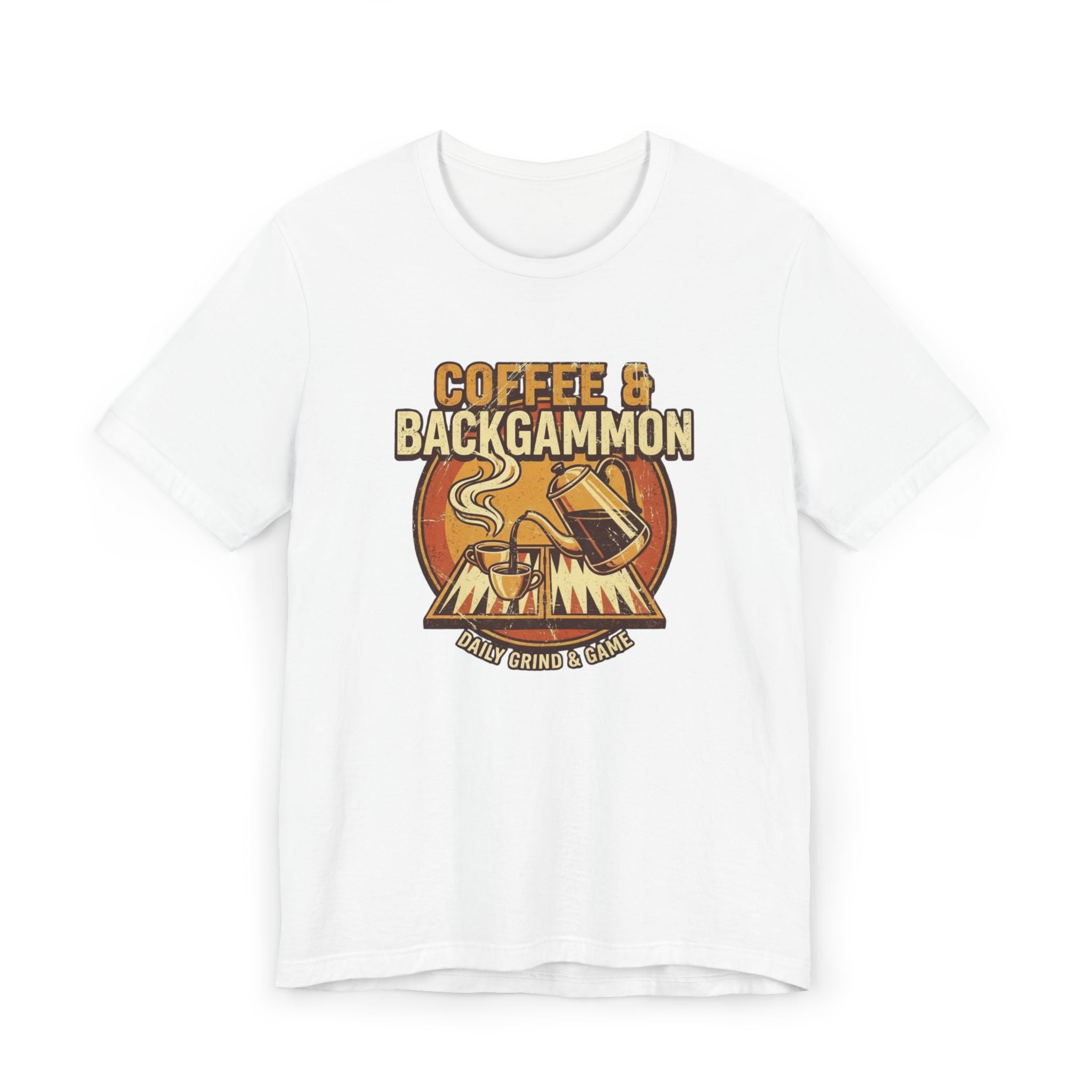 Coffee & Backgammon Unisex Jersey T-Shirt— Retro Game Night Tee