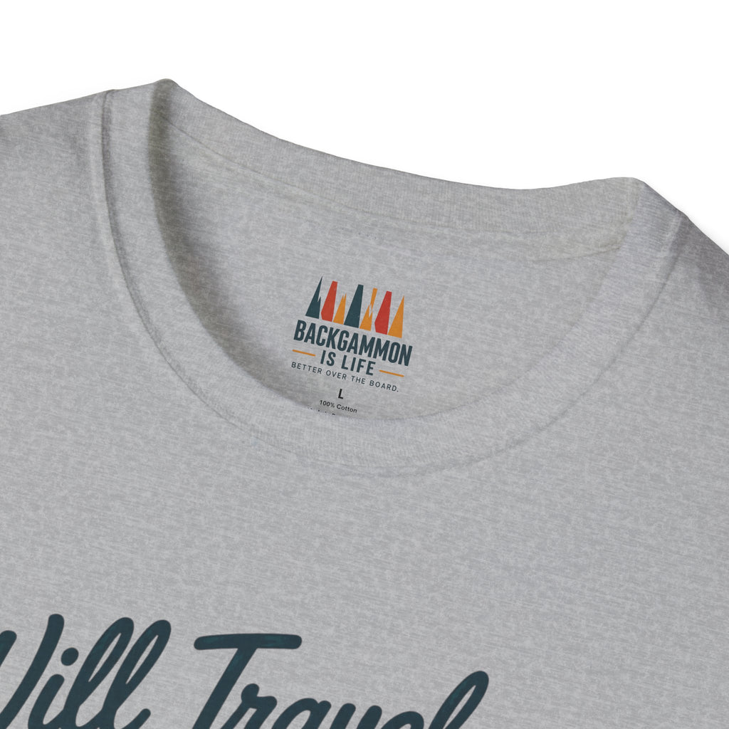 Backgammon Travel T-Shirt — "Will Travel for Backgammon" Vintage Suitcase Design