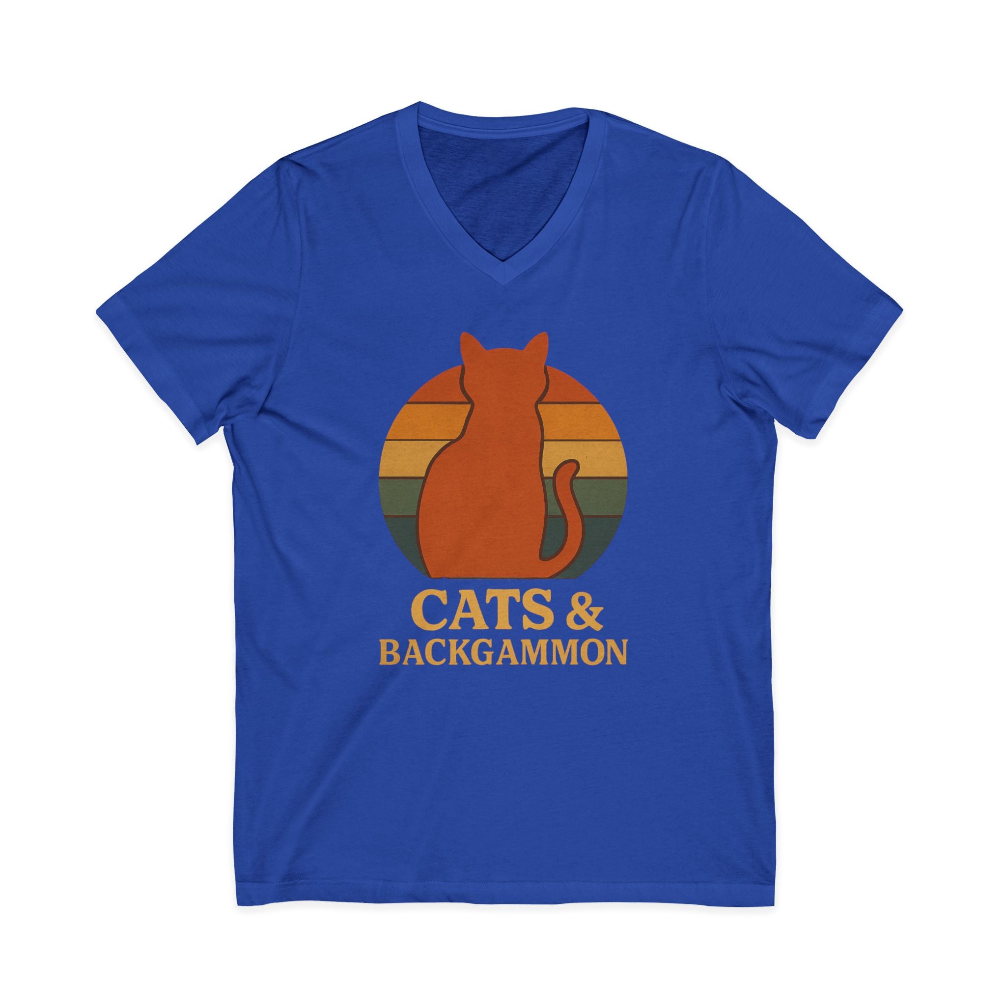 Cats & Backgammon V‑Neck Tee — Vintage Retro Cat Graphic Shirt