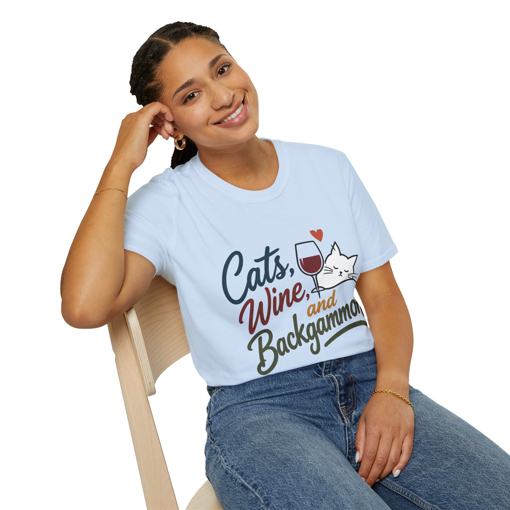 Cats, Wine & Backgammon T-Shirt — Funny Cat Lover Graphic Tee