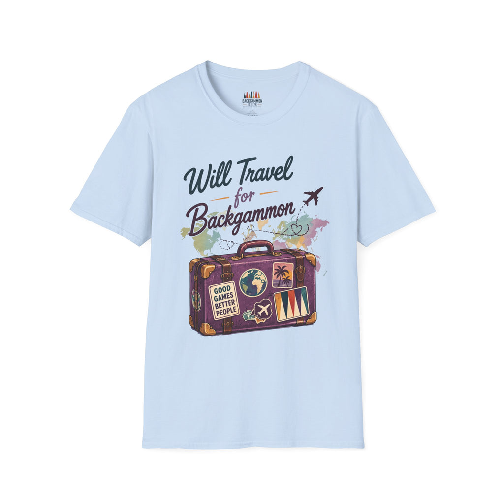 Backgammon Travel T-Shirt — "Will Travel for Backgammon" Vintage Suitcase Design