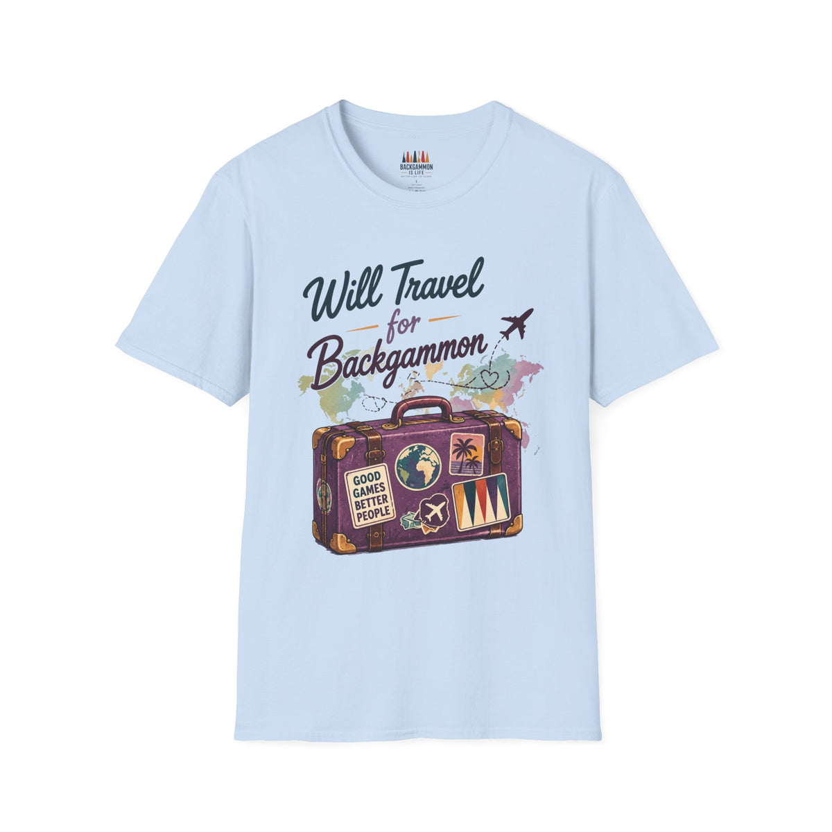 Backgammon Travel T-Shirt — "Will Travel for Backgammon" Vintage Suitcase Design