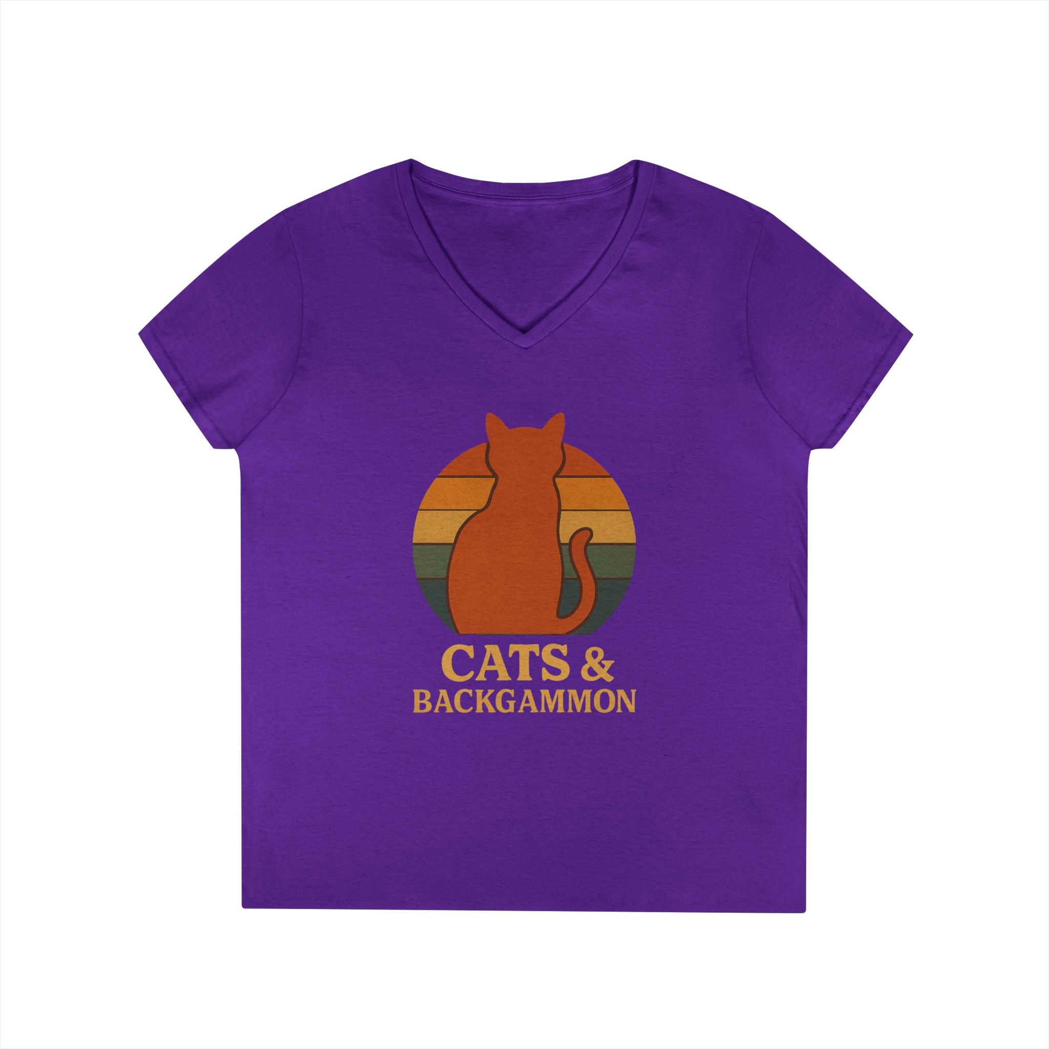 Cats & Backgammon ladies V-Neck Tee — Retro Cat Graphic Shirt for Players & Cat Lovers