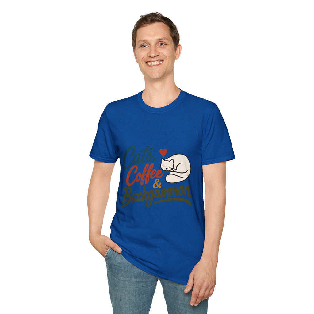 Cats, Coffee & Backgammon 2 T-Shirt — Retro Cat Lover Tee
