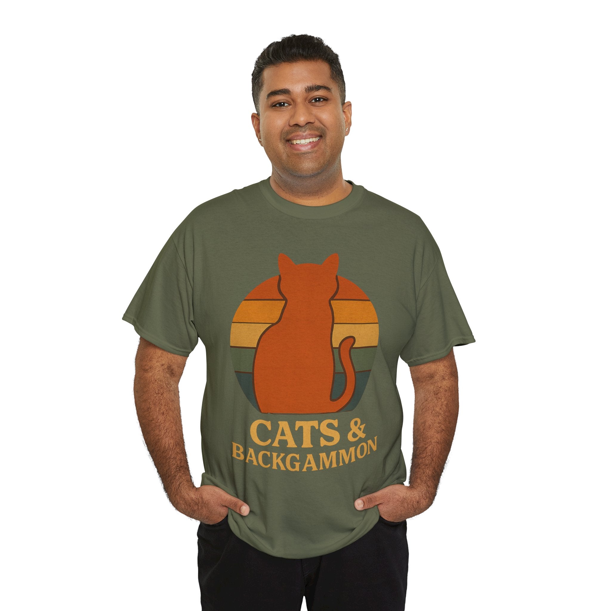 Retro Cat Silhouette Cats & Backgammon T-Shirt | Vintage Sunset Cat Tee