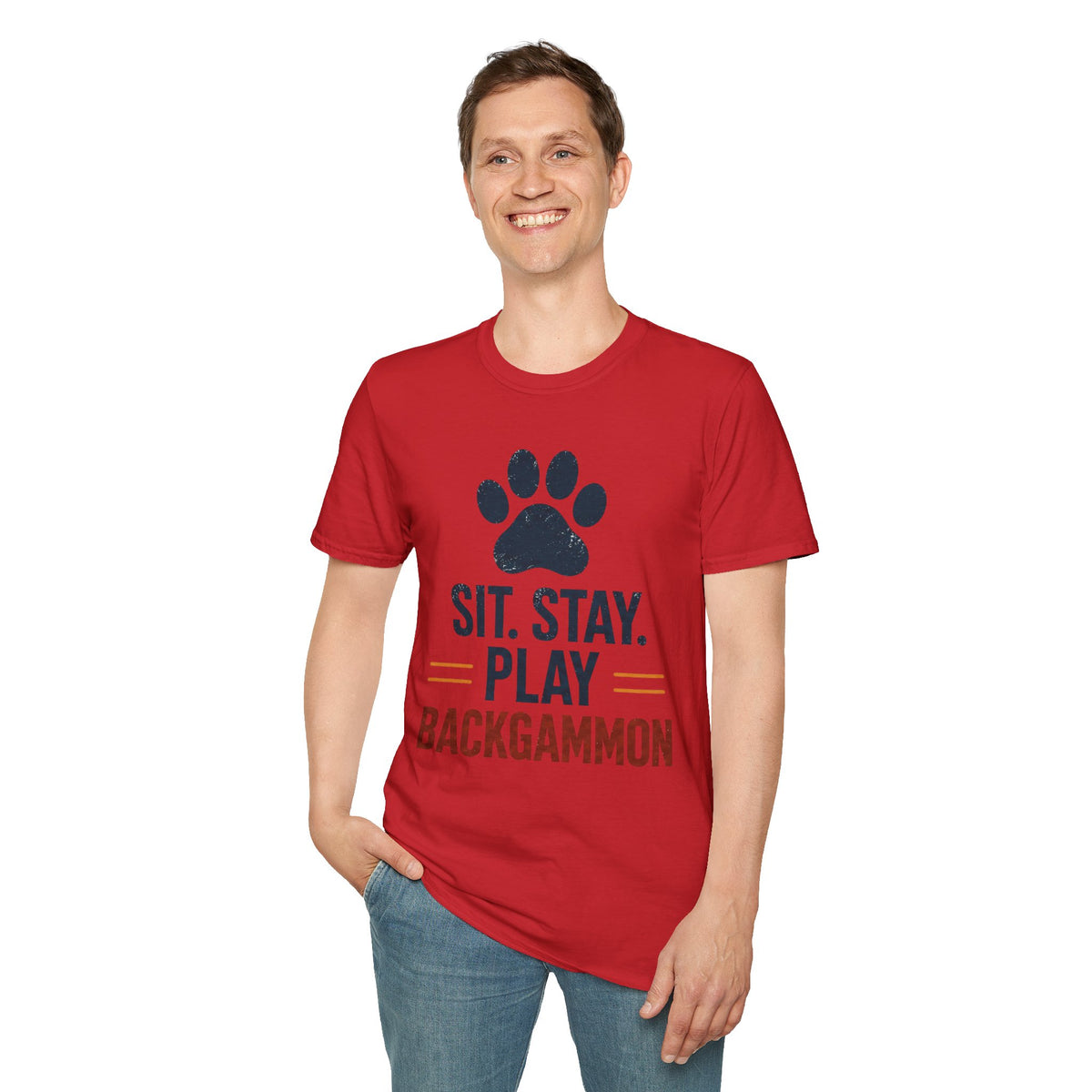 Backgammon T-Shirt — "Sit. Stay. Play Backgammon" Paw Print Tee