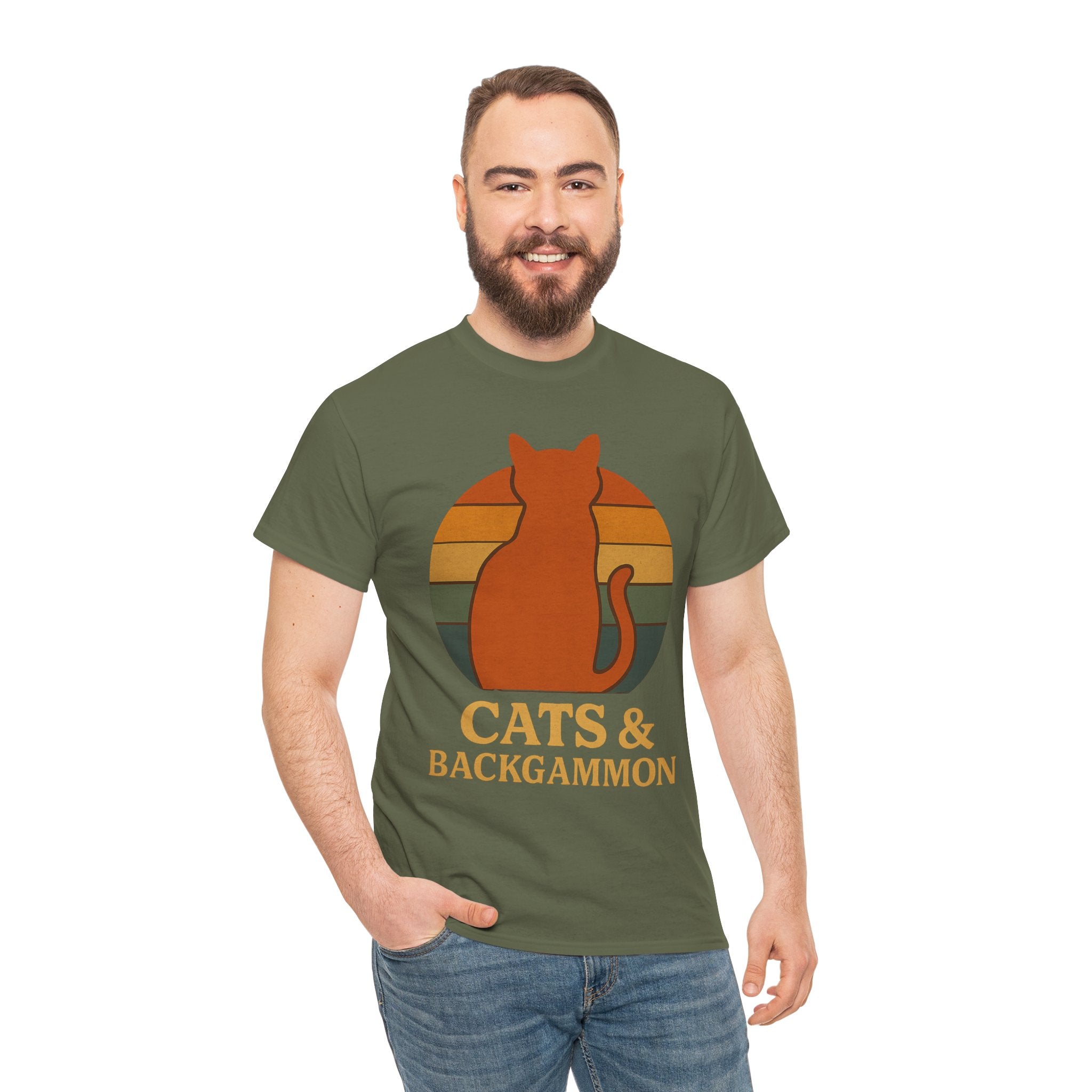 Retro Cat Silhouette Cats & Backgammon T-Shirt | Vintage Sunset Cat Tee