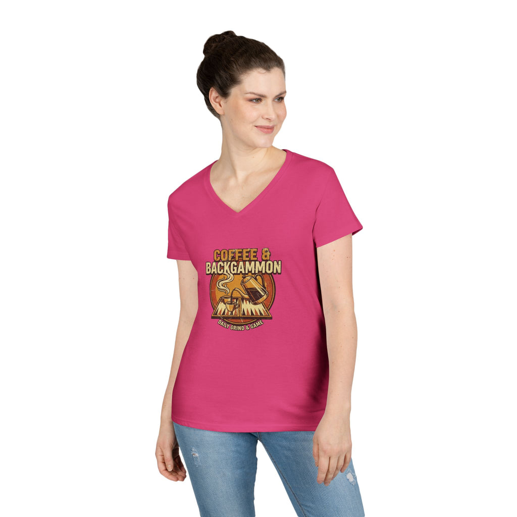 Coffee & Backgammon Ladies' V-Neck T-Shirt — Women's Casual Game Night Shirt