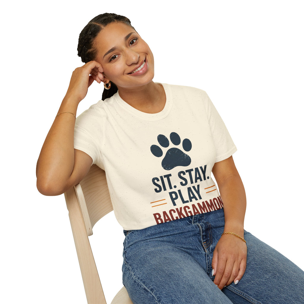 Backgammon T-Shirt — "Sit. Stay. Play Backgammon" Paw Print Tee