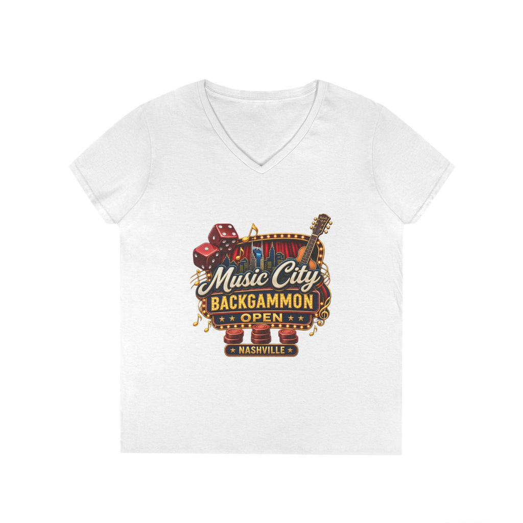 Music City Backgammon Open Ladies' V-Neck T-Shirt — Nashville Guitar & Dice Tournament Tee