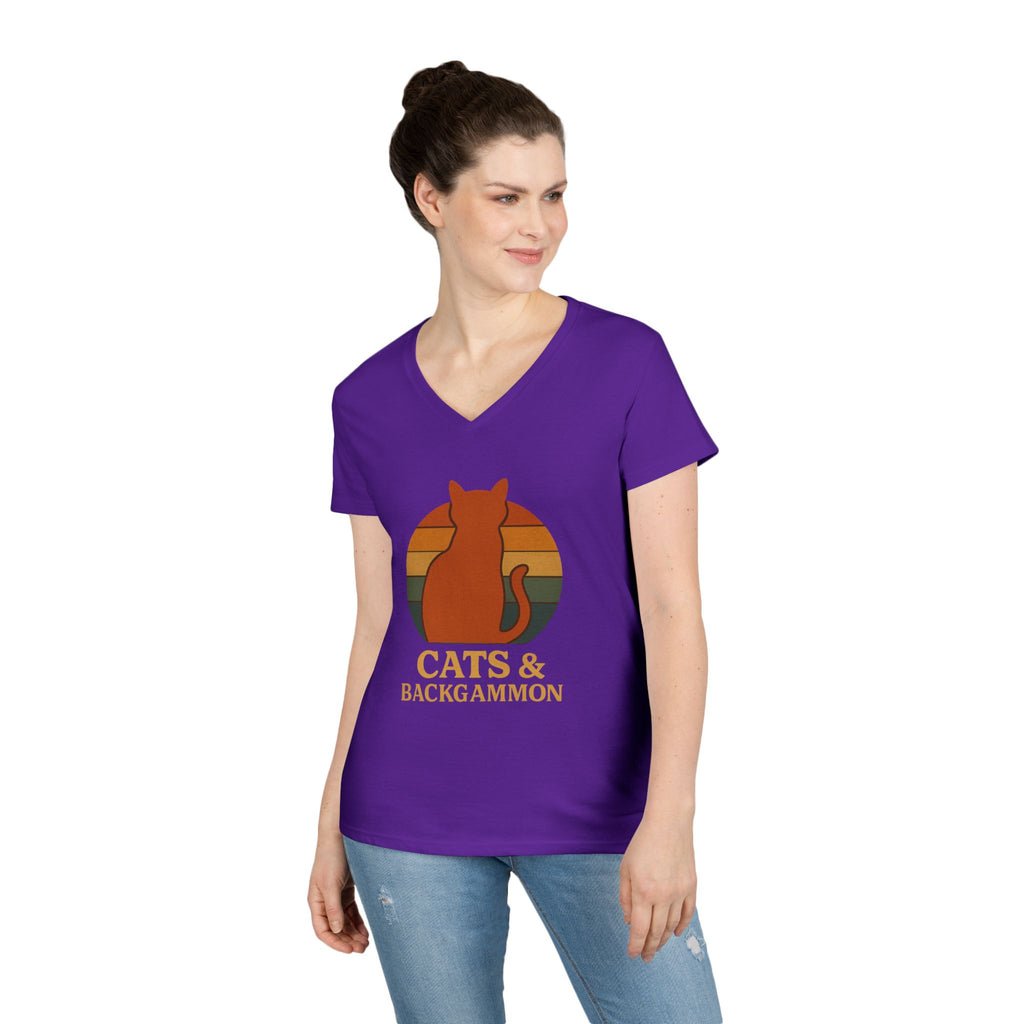 Cats & Backgammon ladies V-Neck Tee — Retro Cat Graphic Shirt for Players & Cat Lovers