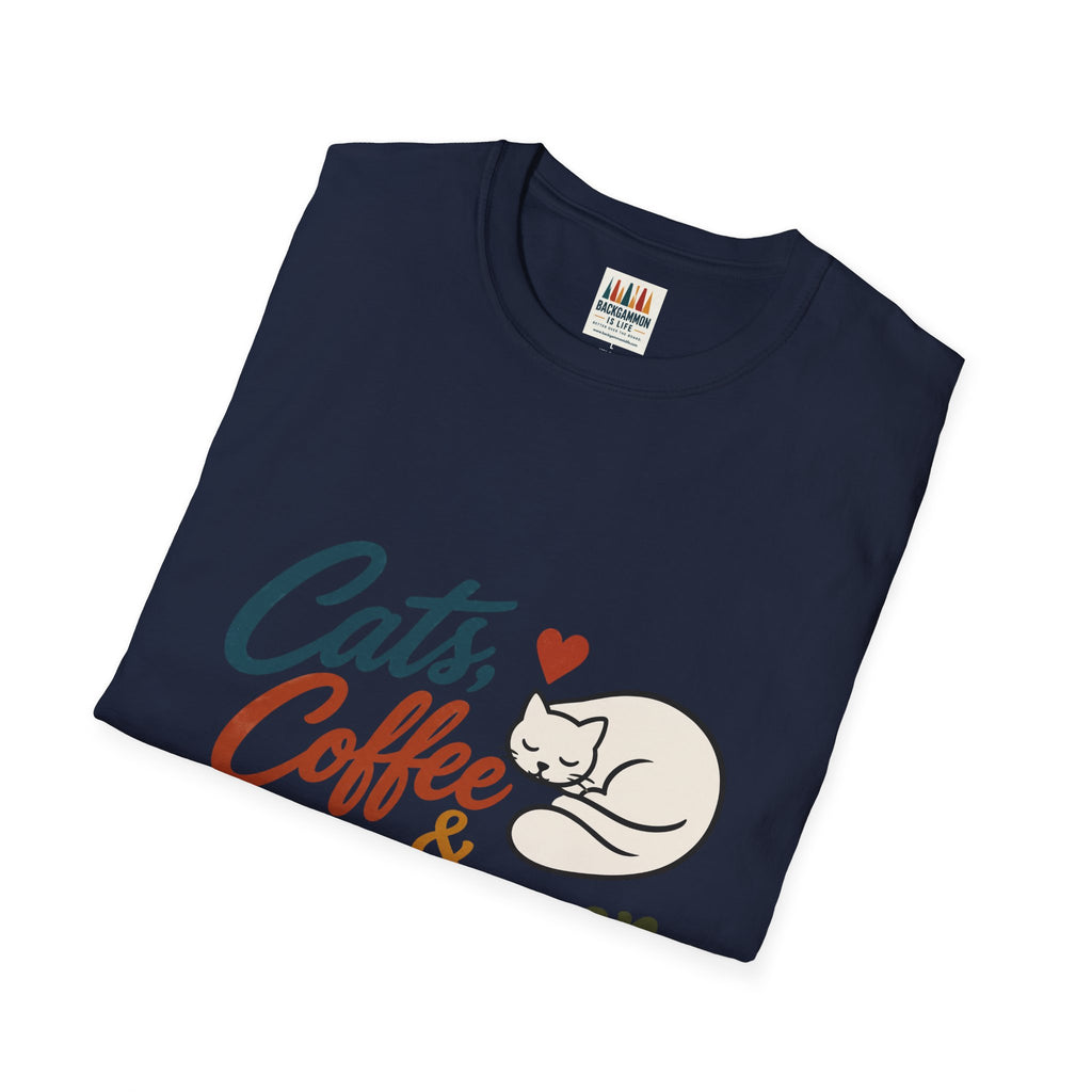 Cats, Coffee & Backgammon 2 T-Shirt — Retro Cat Lover Tee