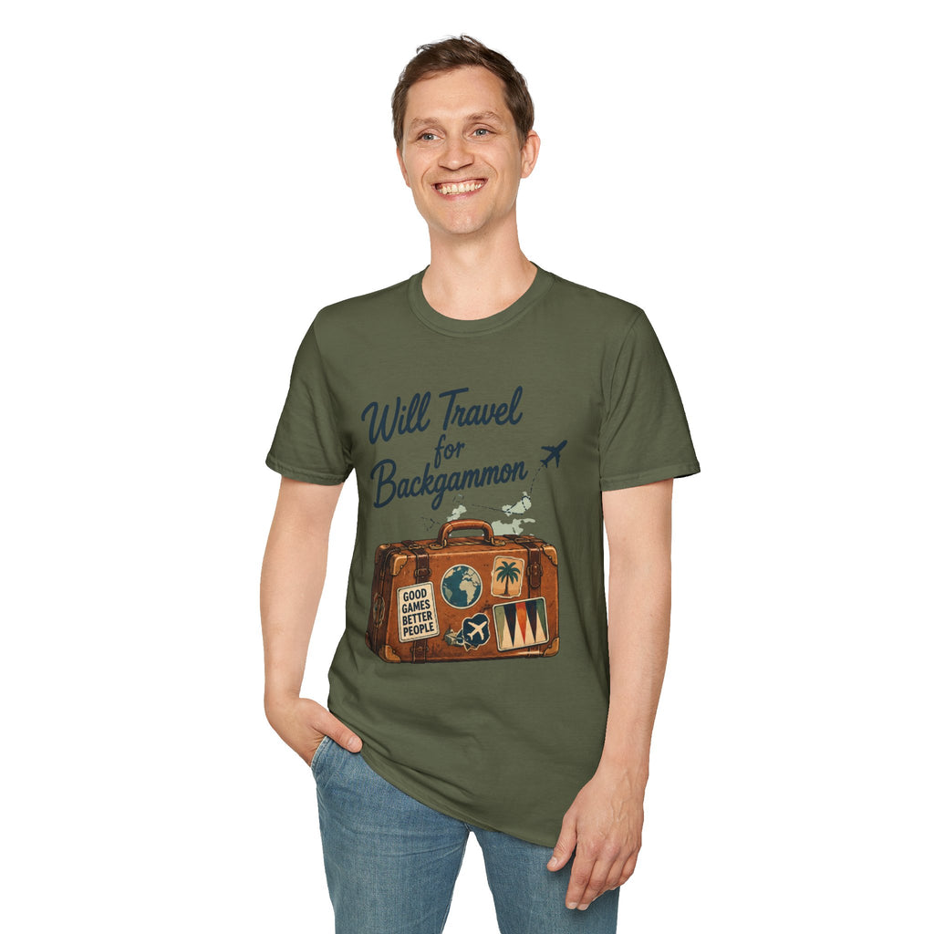 Backgammon Travel T-Shirt — "Will Travel for Backgammon" Vintage Suitcase Design