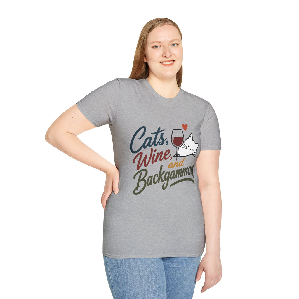 Cats, Wine & Backgammon T-Shirt — Funny Cat Lover Graphic Tee