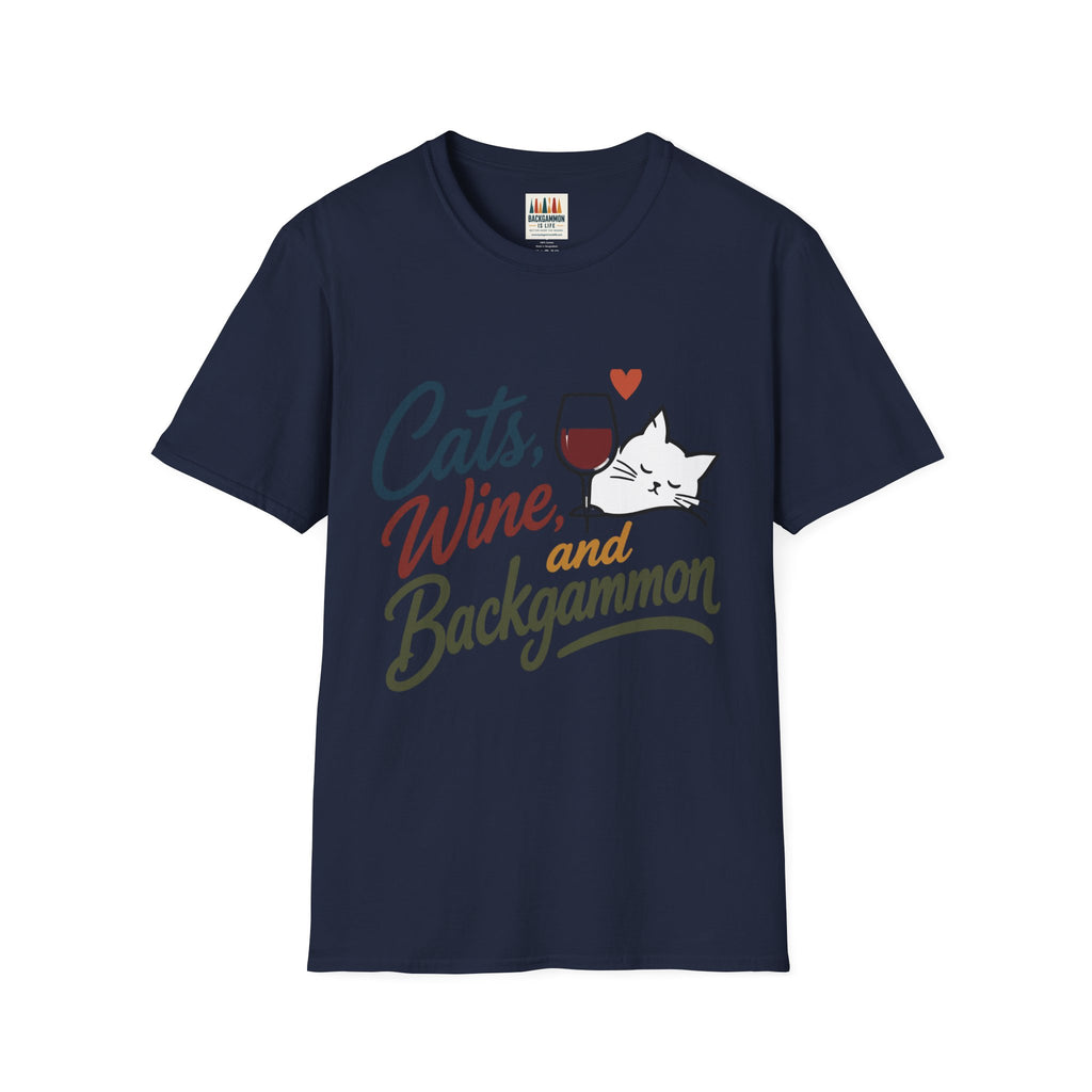 Cats, Wine & Backgammon T-Shirt — Funny Cat Lover Graphic Tee