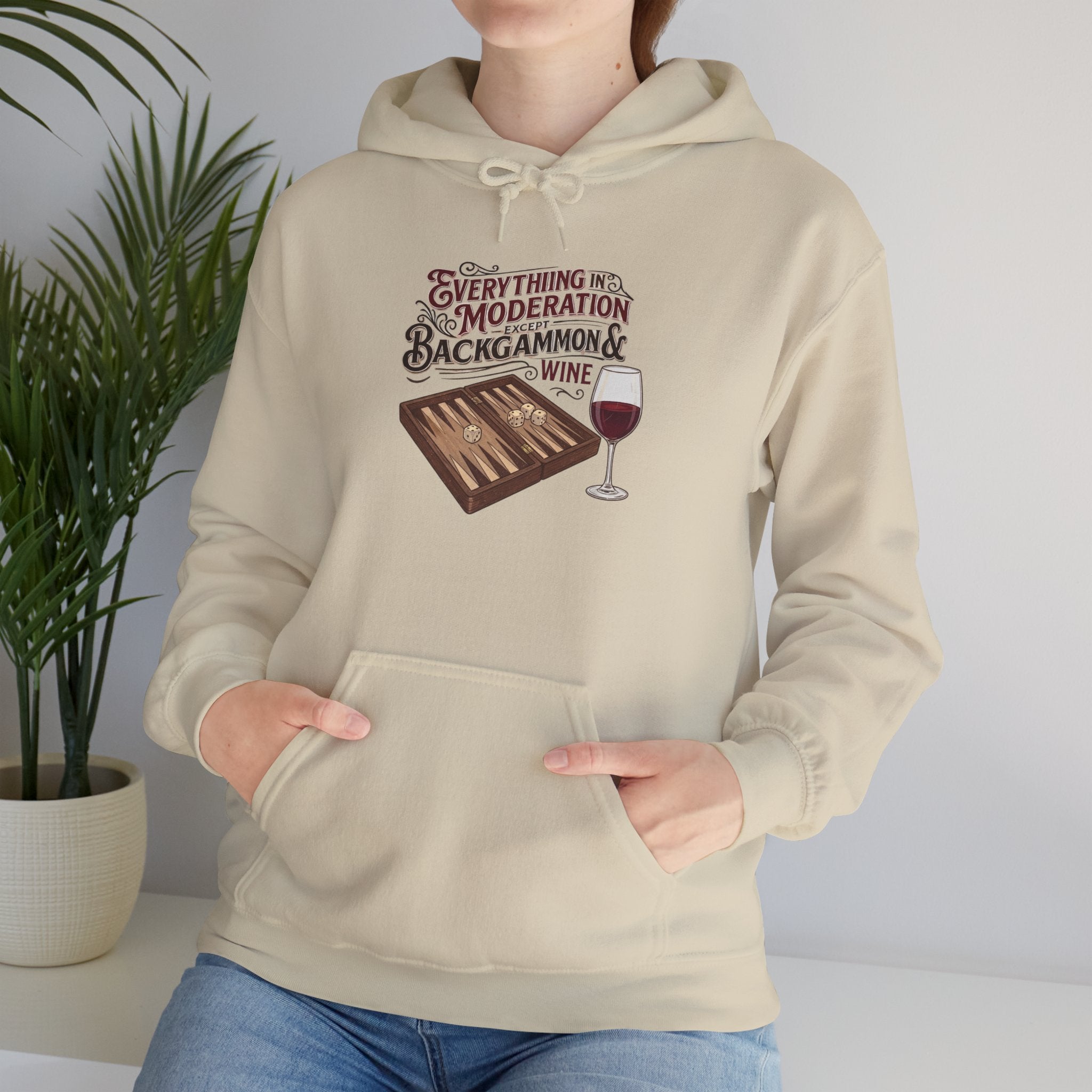 Everything In Moderation Except Backgammon And Wine Unisex Heavy Blend™ Hooded Sweatshirt – Casual Game Night Sweatshirt