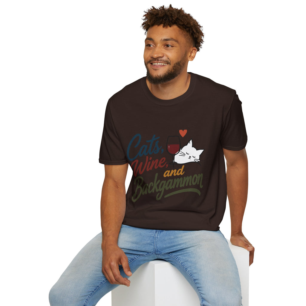 Cats, Wine & Backgammon T-Shirt — Funny Cat Lover Graphic Tee