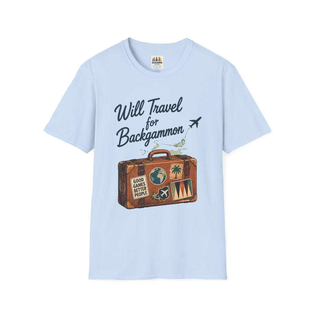 Backgammon Travel T-Shirt — "Will Travel for Backgammon" Vintage Suitcase Design