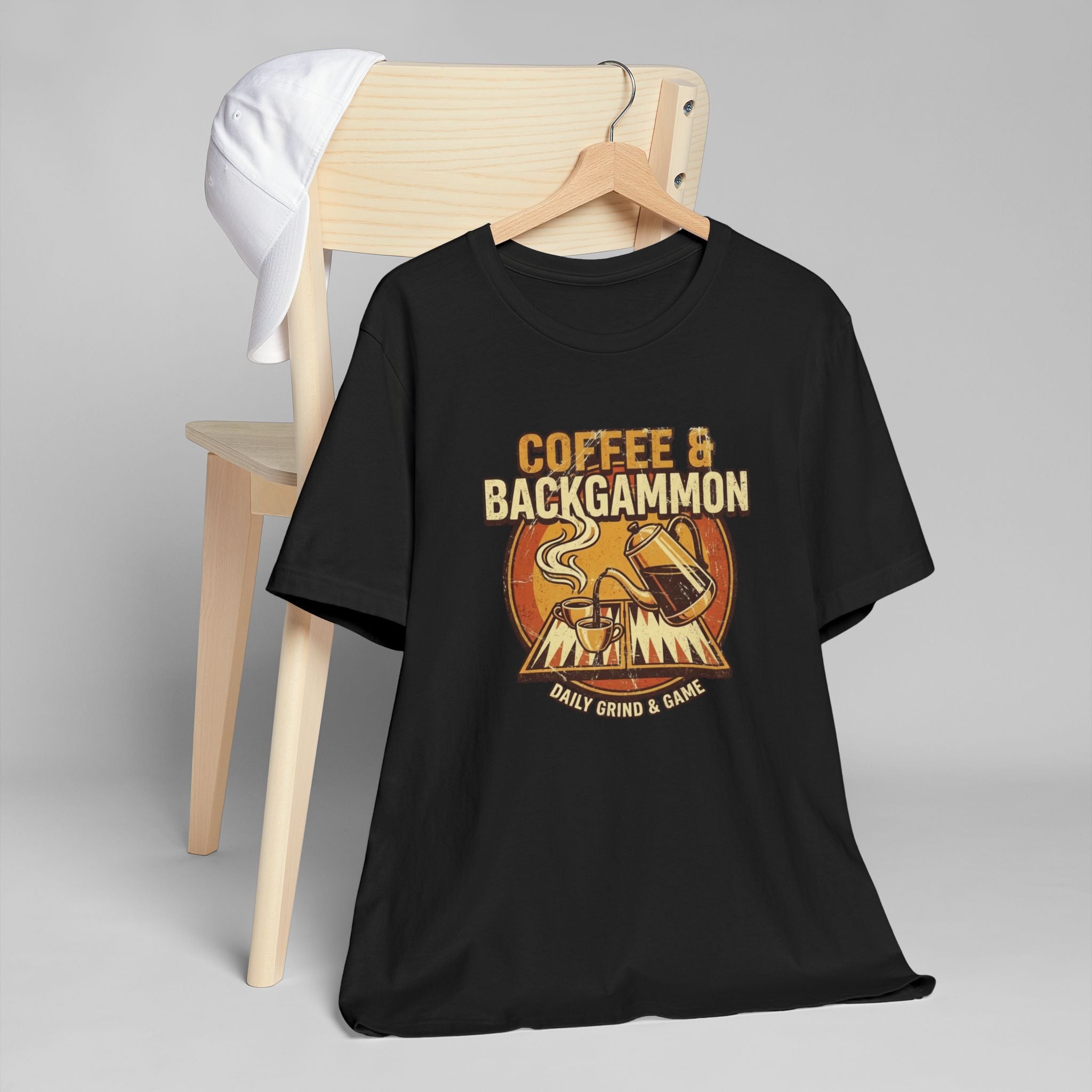 Coffee & Backgammon Unisex Jersey T-Shirt— Retro Game Night Tee