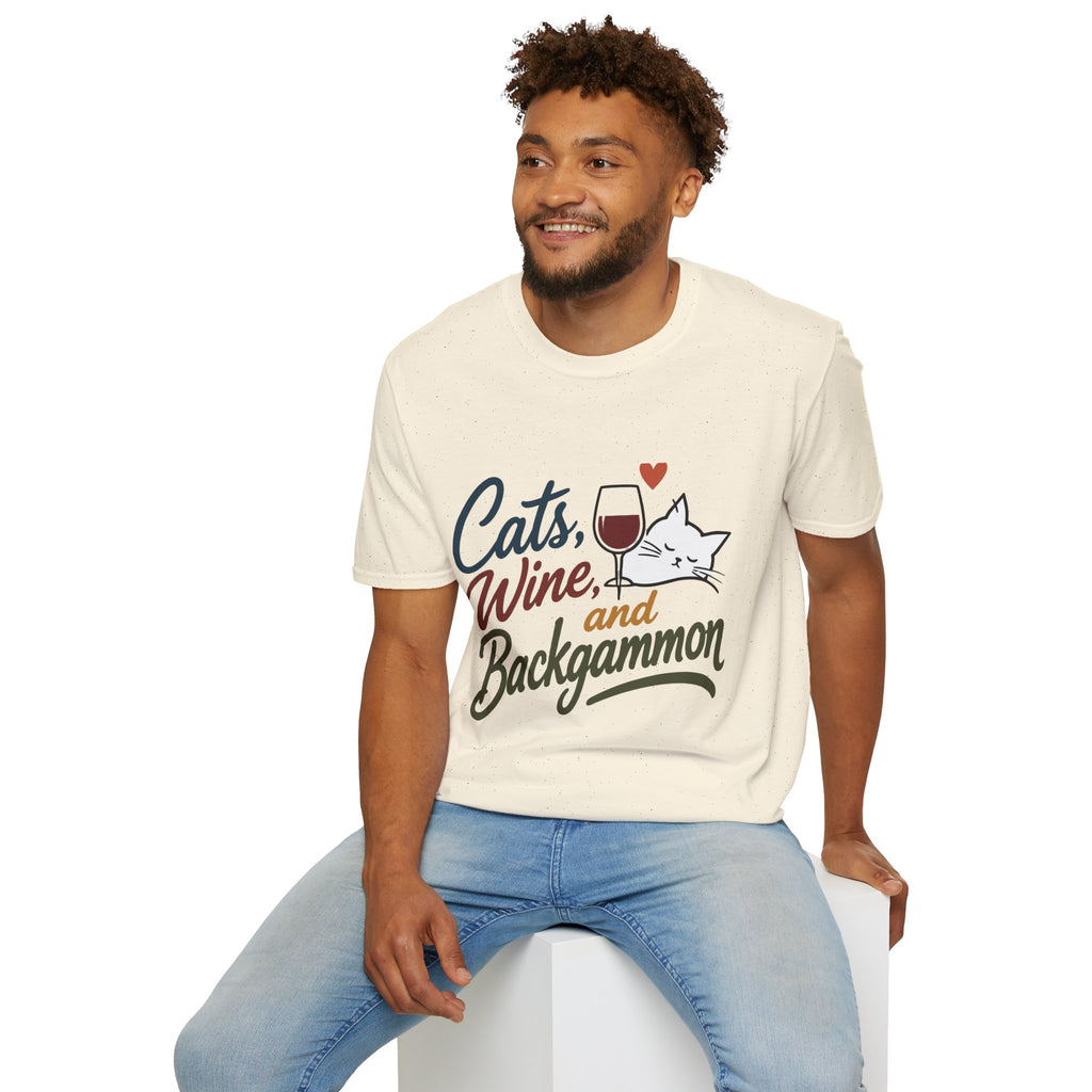 Cats, Wine & Backgammon T-Shirt — Funny Cat Lover Graphic Tee