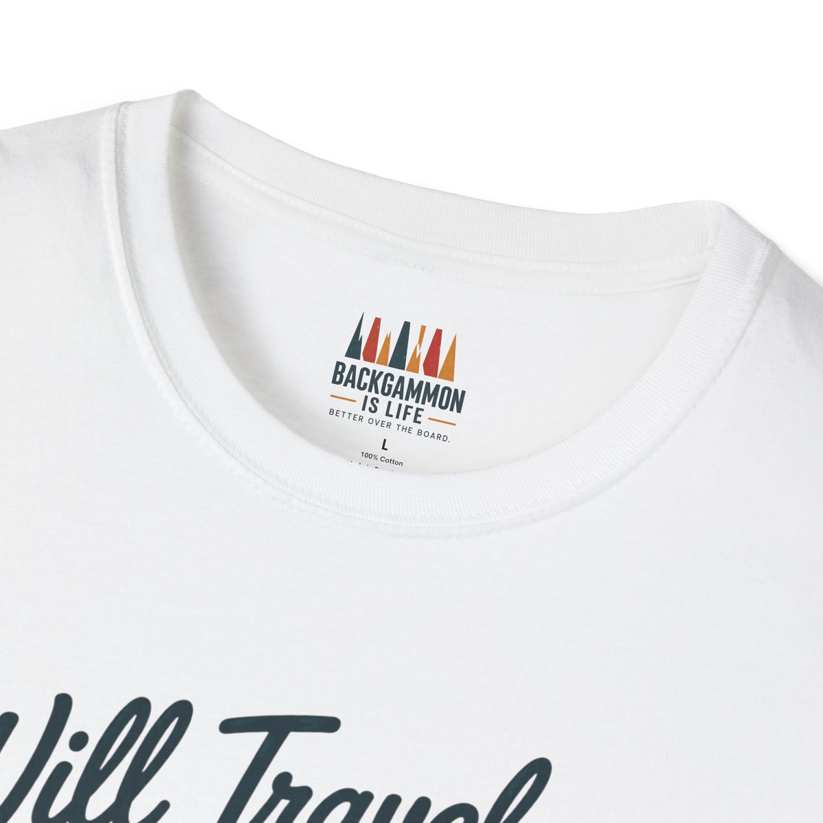 Backgammon Travel T-Shirt — "Will Travel for Backgammon" Vintage Suitcase Design