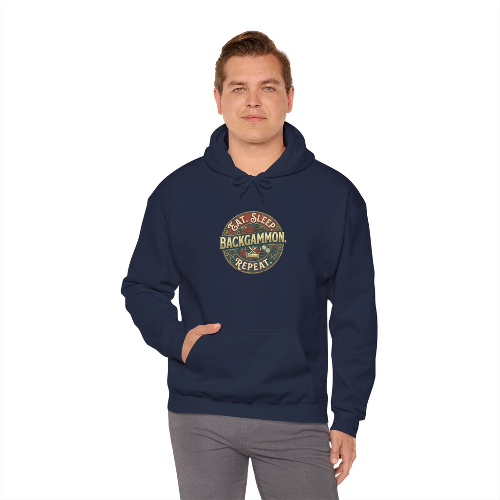 Eat. Sleep. Backgammon. Repeat. Unisex Heavy Blend™ Hooded Sweatshirt - Vintage Game Night Sweatshirt