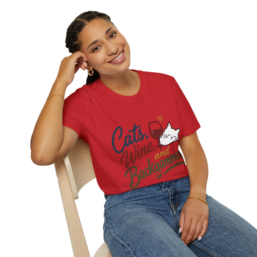 Cats, Wine & Backgammon T-Shirt — Funny Cat Lover Graphic Tee