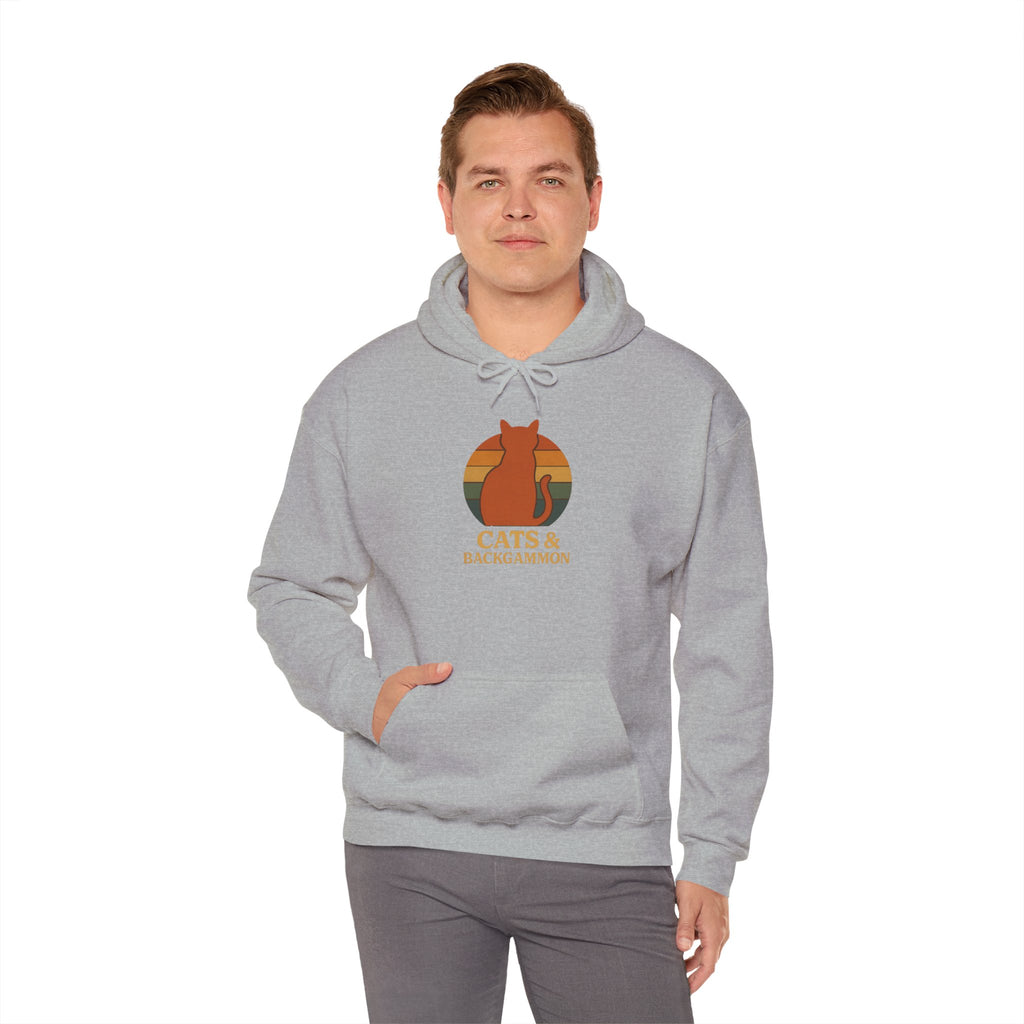Cats & Backgammon Hoodie — Retro Sunset Cat Game Lover Pullover