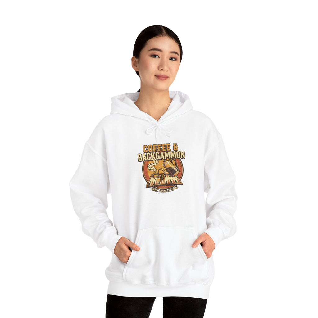 Coffee & Backgammon Unisex Heavy Blend™ Hooded Sweatshirt — Retro Coffee Lovers Game Night Sweatshirt