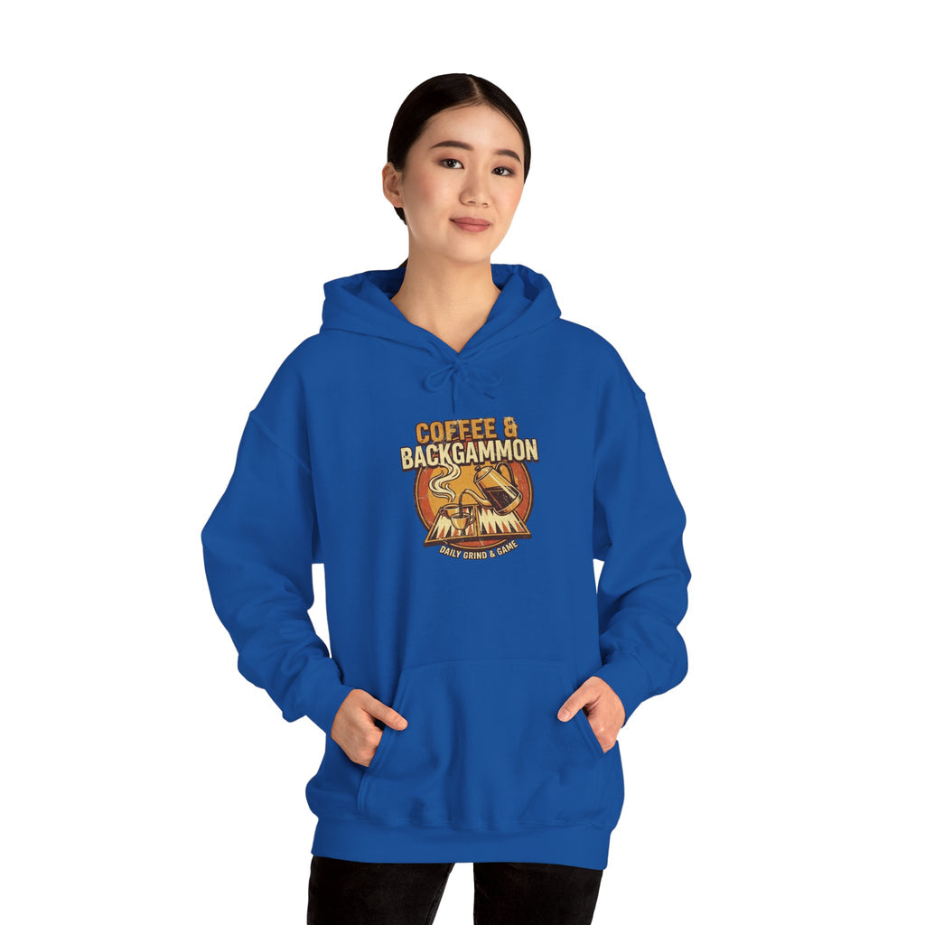 Coffee & Backgammon Unisex Heavy Blend™ Hooded Sweatshirt — Retro Coffee Lovers Game Night Sweatshirt