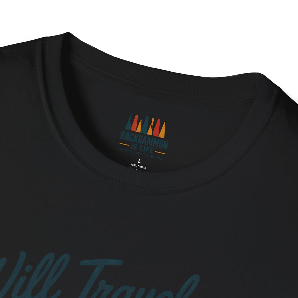 Backgammon Travel T-Shirt — "Will Travel for Backgammon" Vintage Suitcase Design