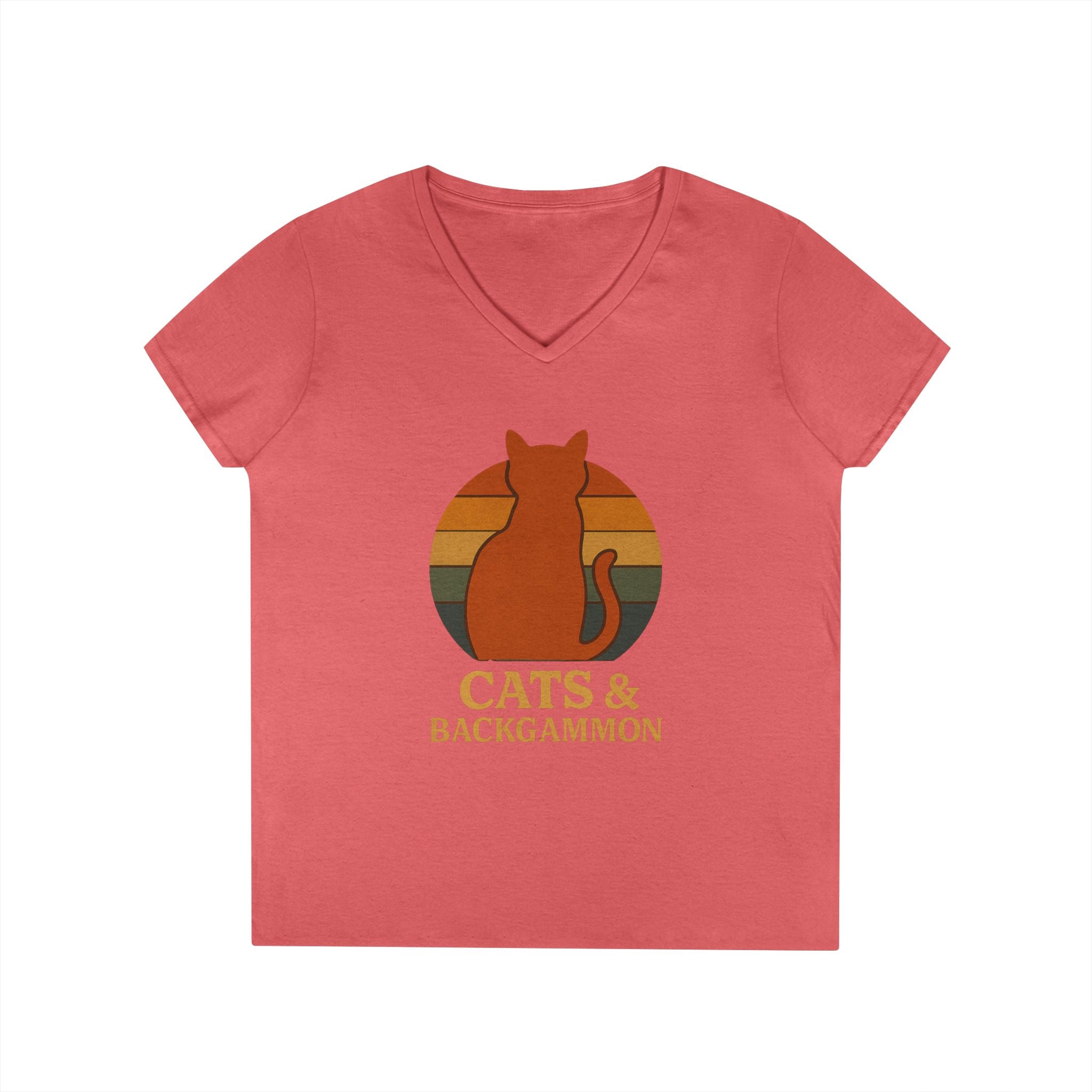 Cats & Backgammon ladies V-Neck Tee — Retro Cat Graphic Shirt for Players & Cat Lovers