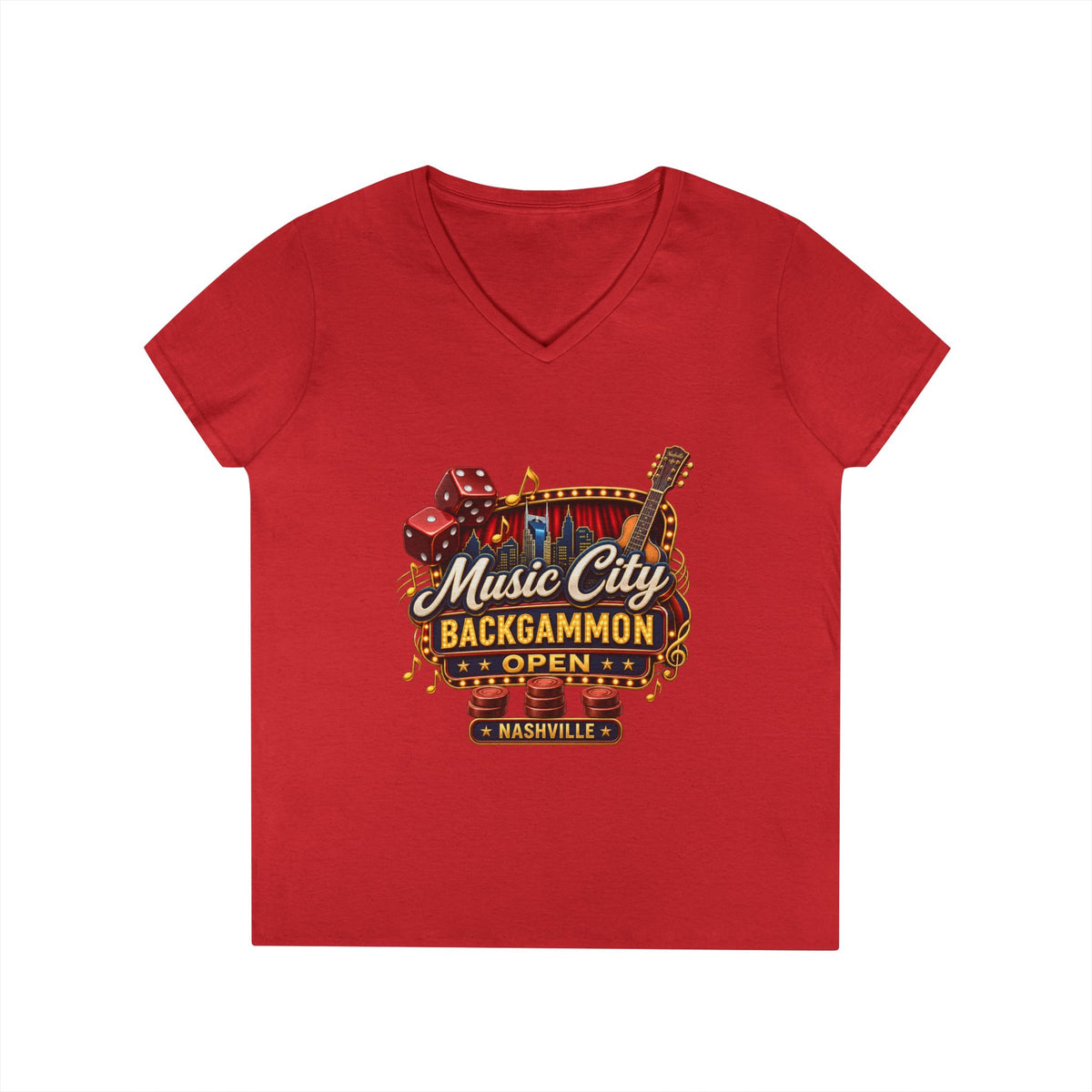 Music City Backgammon Open Ladies' V-Neck T-Shirt — Nashville Guitar & Dice Tournament Tee