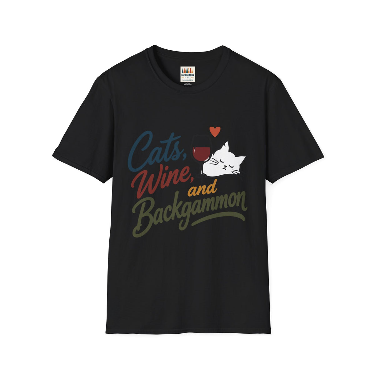 Cats, Wine & Backgammon T-Shirt — Funny Cat Lover Graphic Tee