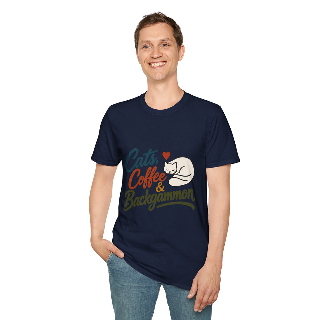 Cats, Coffee & Backgammon 2 T-Shirt — Retro Cat Lover Tee