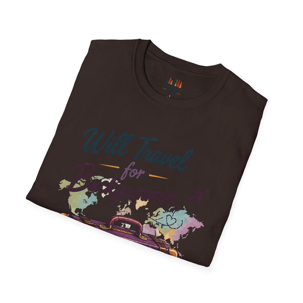 Backgammon Travel T-Shirt — "Will Travel for Backgammon" Vintage Suitcase Design