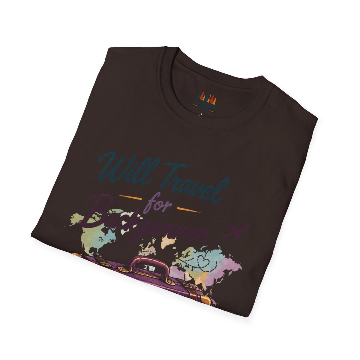 Backgammon Travel T-Shirt — "Will Travel for Backgammon" Vintage Suitcase Design